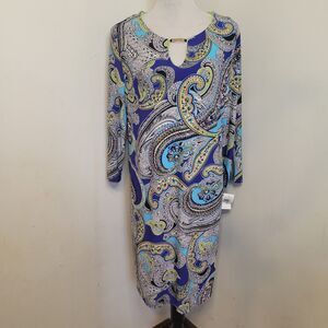 Neiman Marcus Women’s XL Dress NWT Paisley Print 3/4 Sleeve Keyhole USA Stretch